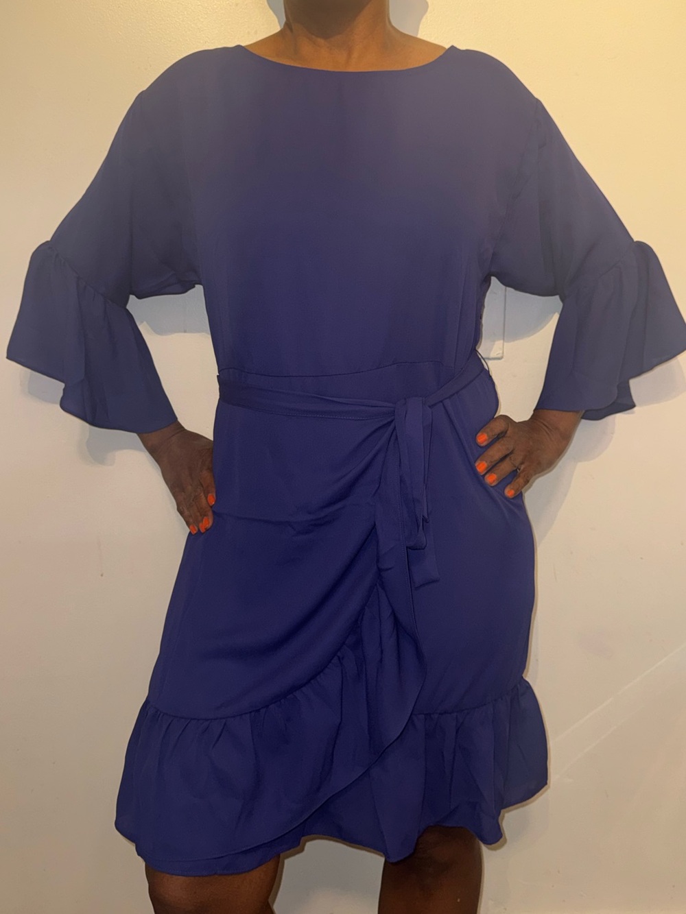 bobeau Royal Blue Ruffle-Sleeve Tie-Waist Midi Dress